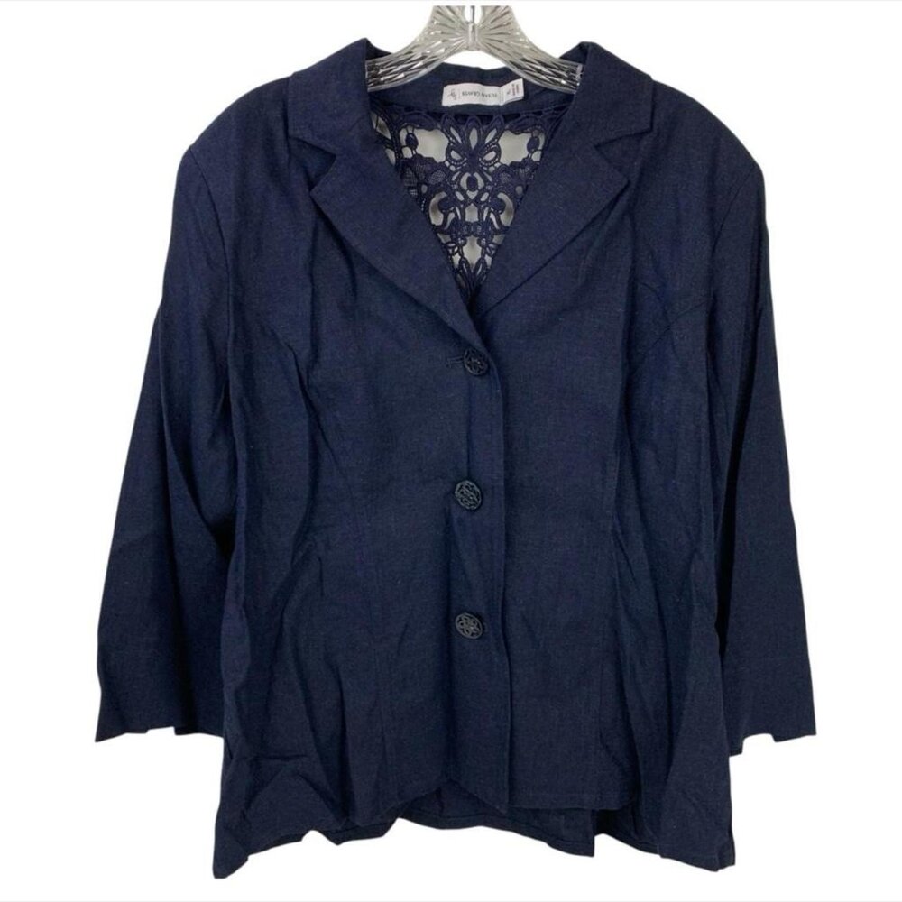 Susan Graver Blue Eyelet Lace Linen/Rayon Blazer Womens Size XL